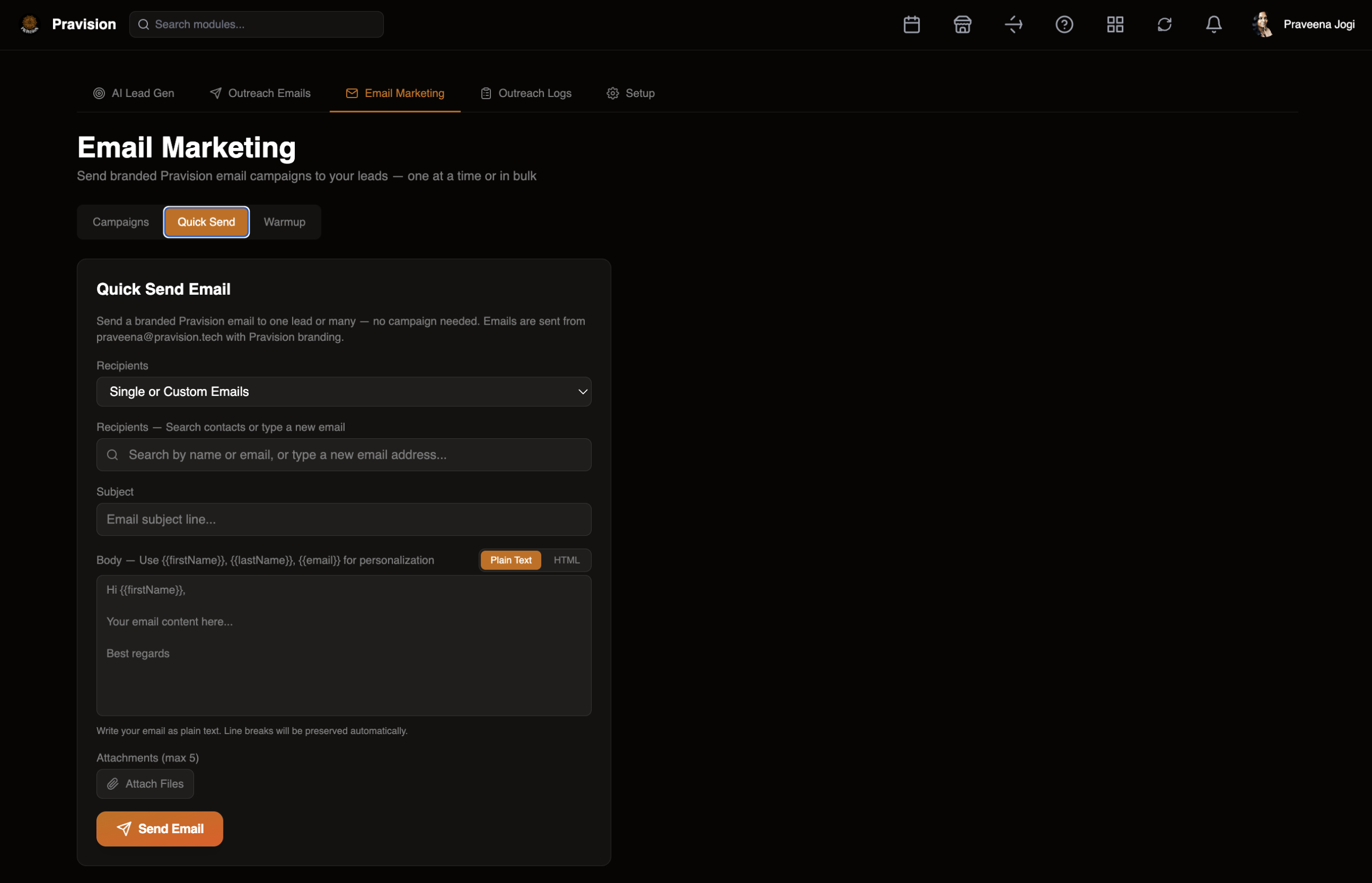 Pravision email marketing interface